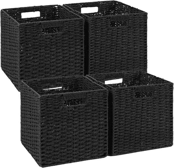 Woven Wicker Storage Baskets 4-Pack, 11x11 Handwoven Paper Rope Organizer Bins, Foldable Cube Storage Cubes with Built-in Han