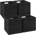 Woven Wicker Storage Baskets 4-Pack, 11x11 Handwoven Paper Rope Organizer Bins, Foldable Cube Storage Cubes with Built-in Han