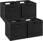 Woven Wicker Storage Baskets 4-Pack, 11x11 Handwoven Paper Rope Organizer Bins, Foldable Cube Storage Cubes with Built-in Han
