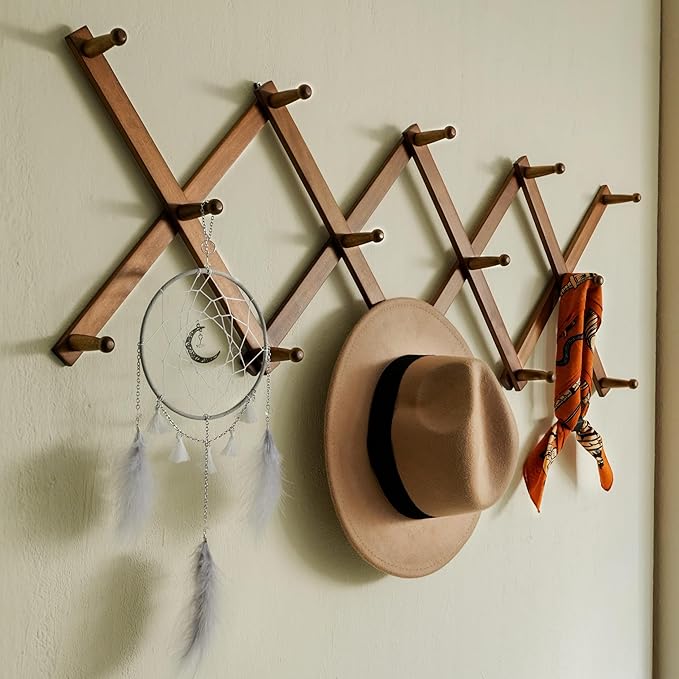 SKOLOO Hat Rack for Wall with 14 Hooks, Solid Wooden, Modern, Expandable Coat Rack Wall Mount for Coats, Hats, Bags, Baseball