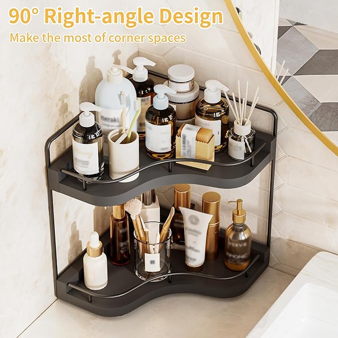 2-Tier Corner Bathroom Counter Organizer with Embedded Screw Holes, Secure & Stable Wood Vanity Shelf for Makeup and Skincare