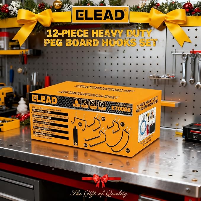 ELEAD 12-Piece Pegboard Hooks with Extension Straps, Heavy Duty Organizer Pegboard Accessories Fit for 1/4" Pegboard, Peg Boa