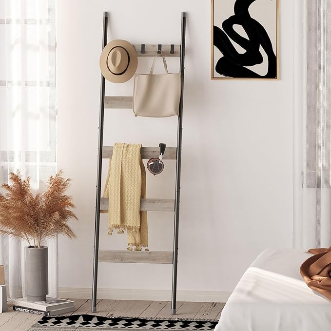 Blanket Ladder, 5-Tier Towel Holder with 4 Removable Hooks, Farmhouse Wall Leaning Decorative Rack Shelf, Wooden Towel Displa