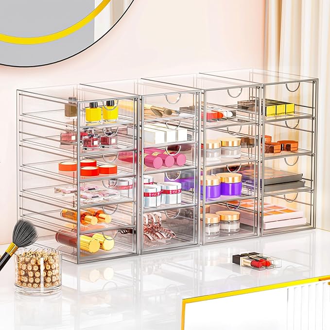 YFXCVSL Acrylic Makeup Organizer with 31 Drawers, 6 Pack Clear Storage Drawers, Bathroom Makeup Organizer for Palettes, Cosme