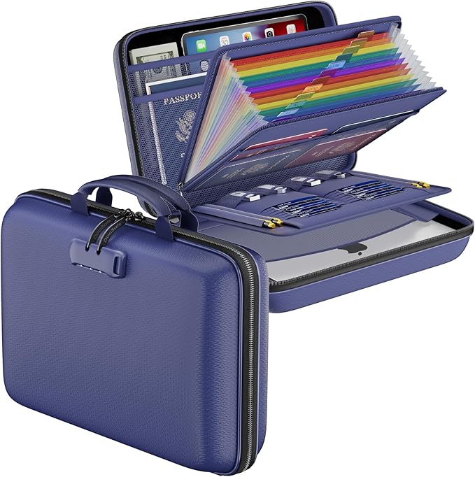 DocSafe Fireproof File Organizer with Lock, Hard-Shell Case Fireproof Document Box with 13 Pocket Accordion File Folder, Port