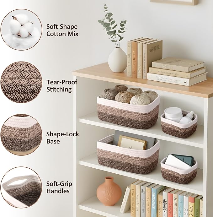 5-Pack Small Woven Rope Storage Baskets – 2 Sizes Organizer Bins for Closet, Shelf, Bookshelf, Nursery, Changing Table, Fabri