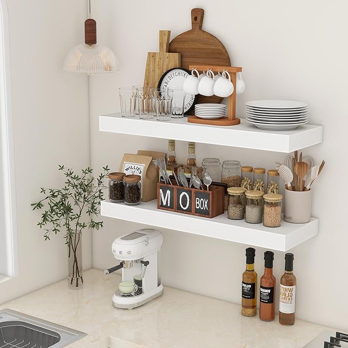 Deep Floating Shelves | 36 Inch White Floating Shelves Set of 2 | 12 Inch Deep Rustic Wood Shelves for Wall | 36" W x 12" D W