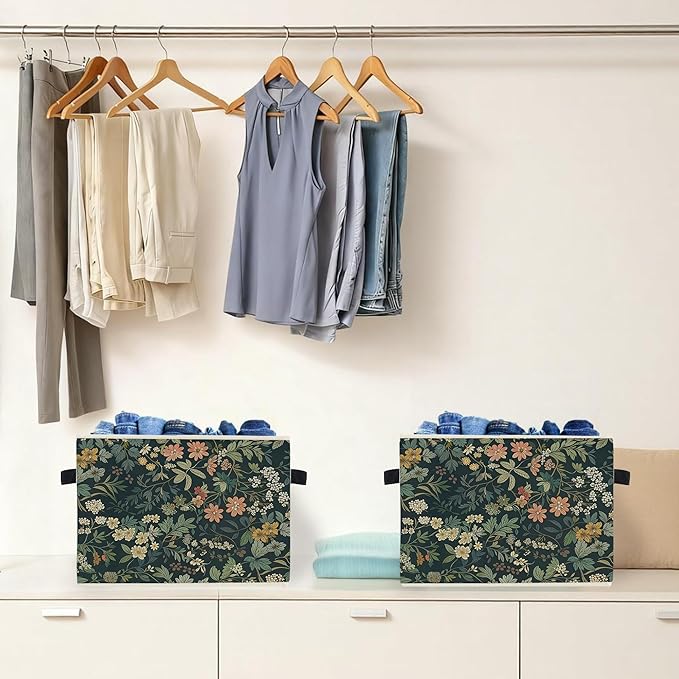 Dark Green Floral Botanical Storage Box Bins, Rustic Cottagecore Nature Flower Collapsible Storage Basket Organizer for Bedro