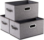 PRANDOM Large Foldable Storage Bins for Shelves [3-pack] Decorative Linen Fabric Storage Baskets Cubes with Leather/Metal Han