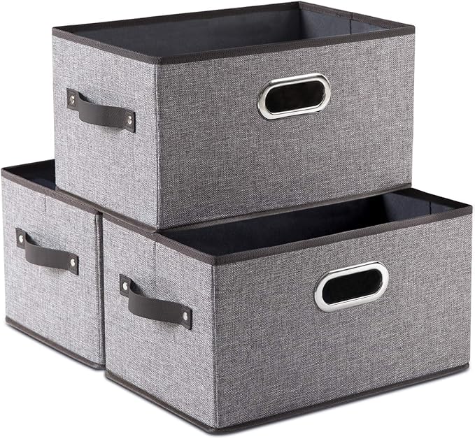 PRANDOM Large Foldable Storage Bins for Shelves [3-pack] Decorative Linen Fabric Storage Baskets Cubes with Leather/Metal Han