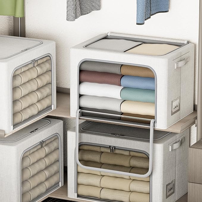 4 Pack Clothes Storage Bins with Metal Frame - 66L Stackable Storage Box with Lid，Foldable Storage Container Organizer for Cl