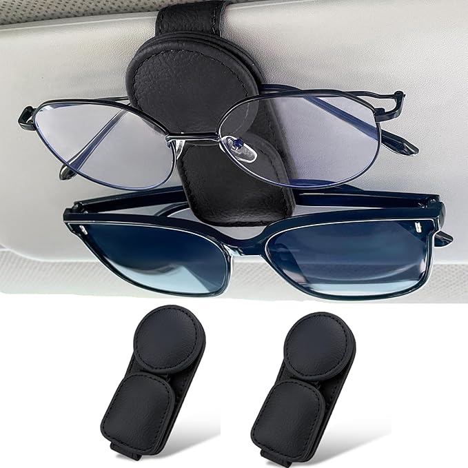 KIWEN 2 Pack Sunglasses Holder for Car Visor, Magnetic Leather Sunglass Eyeglass Hanger Clip for Car Sun Visor Accessories (2, Gray)