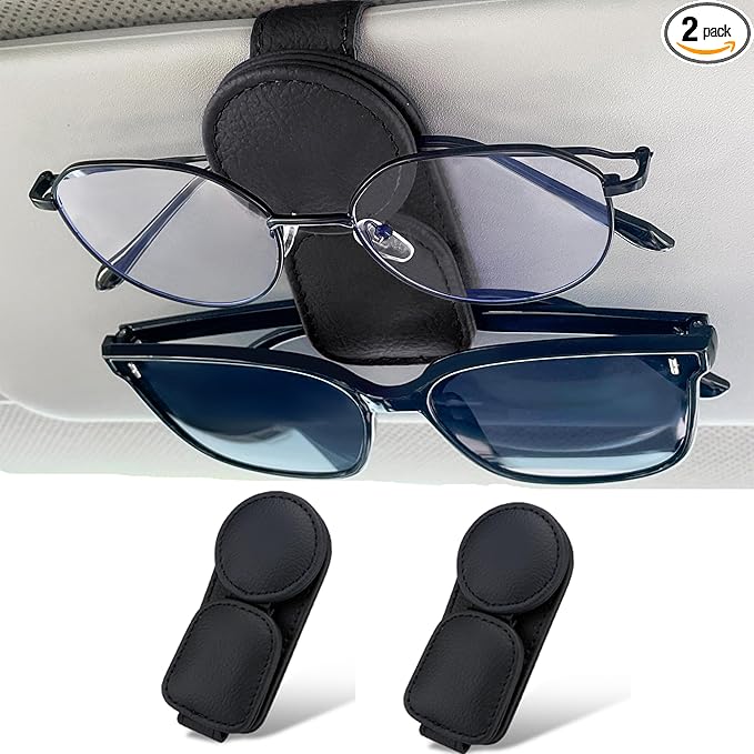 KIWEN 2 Pack Sunglasses Holder for Car Visor, Magnetic Leather Sunglass Eyeglass Hanger Clip for Car Sun Visor Accessories (2, Black)