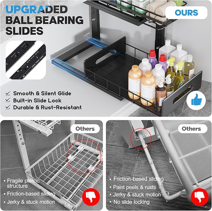 Under Sink Organizer Upgrade To Professional Rails,2-Tier Dual Pull Out Cabinet Storage,Height Adjustable Slide Out Drawers F