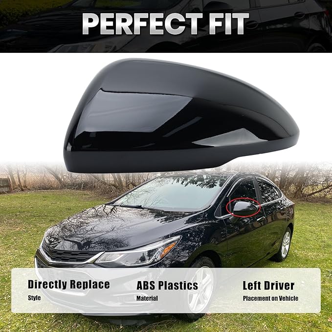 Left Driver Side Mirror Cover Caps Compatible with Chevrolet Chevy Cruze 2017 2018 2019 Replacement Rear view Mirrors Trim (Bright Black)
