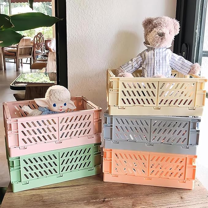 Small Pastel Plastic Storage Bins 2Pcs Foldable Pastel Crates Plastic Basket Colorful Storage Containers Baskets for Classroo