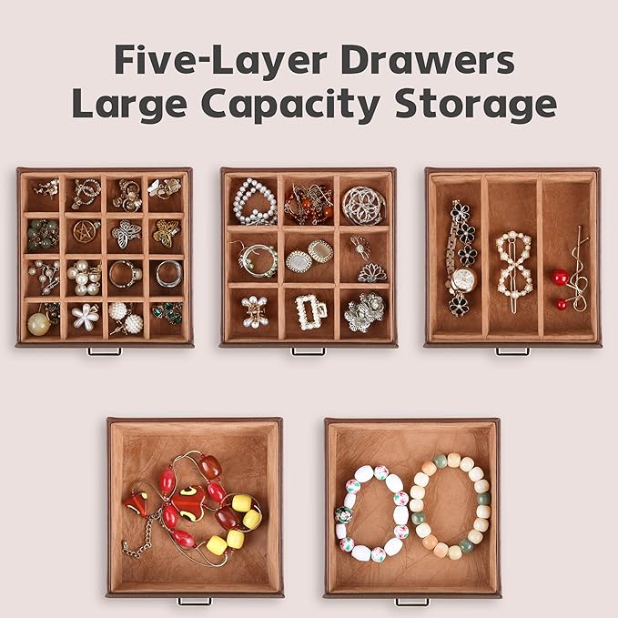 Kendal Jewelry Box, 6-Layer Jewelry Storage Organizer for Necklace Bracelet Rings Watch, 10.2"x8.2"x6" Classic Brown PU Leath