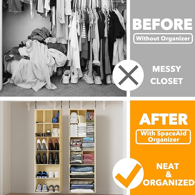 SpaceAid 2 Pack Hanging Closet Organizer and Storage with Dividers, 24 Compartments Hanging Shoe Shelves for Closet, Wardrobe