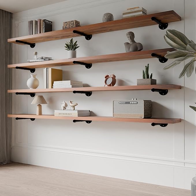 Industrial Pipe Wall Wood Shelves,Real Wooden Shelves 60" in Special Brown Color with 11.8" Extra Width, Modern Floating Shev