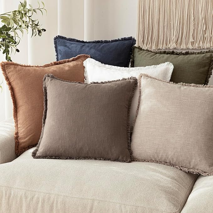 Foindtower Set of 2 Decorative Linen Fringe Throw Pillow Covers Cozy Farmhouse Cushion Cover with Tassels Accent Pillowcase f