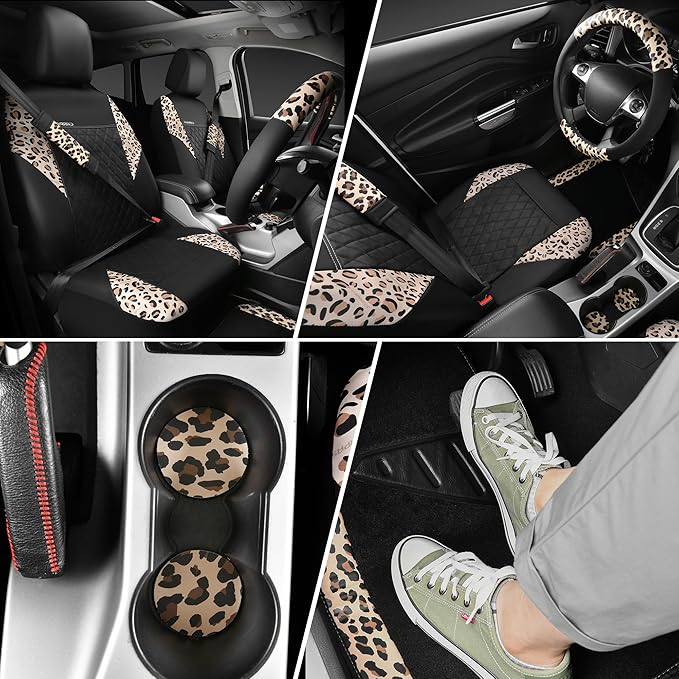 CAR PASS Leopard Print Faux Leather Car Seat Covers & Leopard Car Mats&Leopard Steering Wheel Cover Seat Belt Pad Universal C