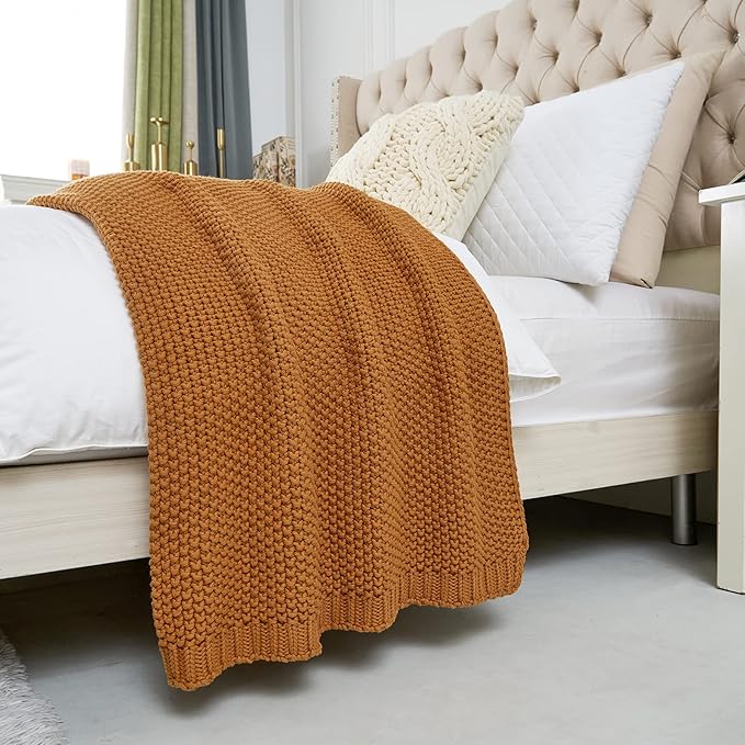 Chunky Cable Knit Throw Blanket Lightweight Burnt Orange 100% Organic Cotton Blanket for Sofa Couch Bed Baby Nursery, Rustic 