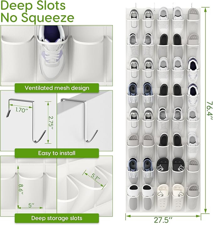 Unjumbly Over the Door Shoe Organizer with 40 Large Breathable Mesh Pockets, Space Saving Shoe Holder, Hanging Shoe Rack for 