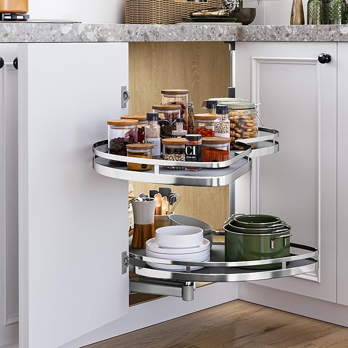 DWVO Corner Cabinet Pull-Out Organizer, 2-Tier Blind Corner Shelf with 270° Swing-Out Tray, Left Swing, Heavy-Duty Chrome Pla