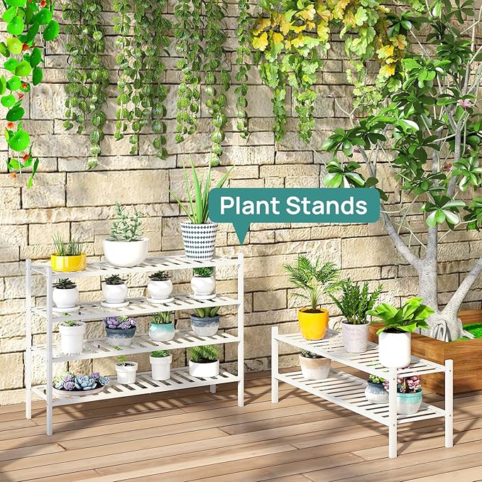 viewcare Long Shoe Rack for Entryway,Shoe Organizer for Hallway Closet, Bamboo Wood Shoe Racks for Indoor Outdoor (White, 2-T