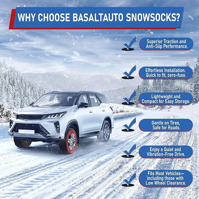 Automotive Snow Socks for Tire Red XL Textile Snow Chains Fabric Car Chains, 2 Pairs of Gloves, Winter Accessories SUV Trucks