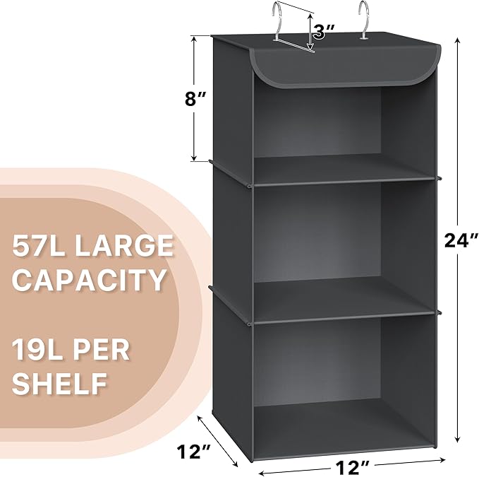 Simple Houseware 3-Shelf Hanging Closet Organizer, Fabric Storage Shelves with 57L Capacity, Dark Gray