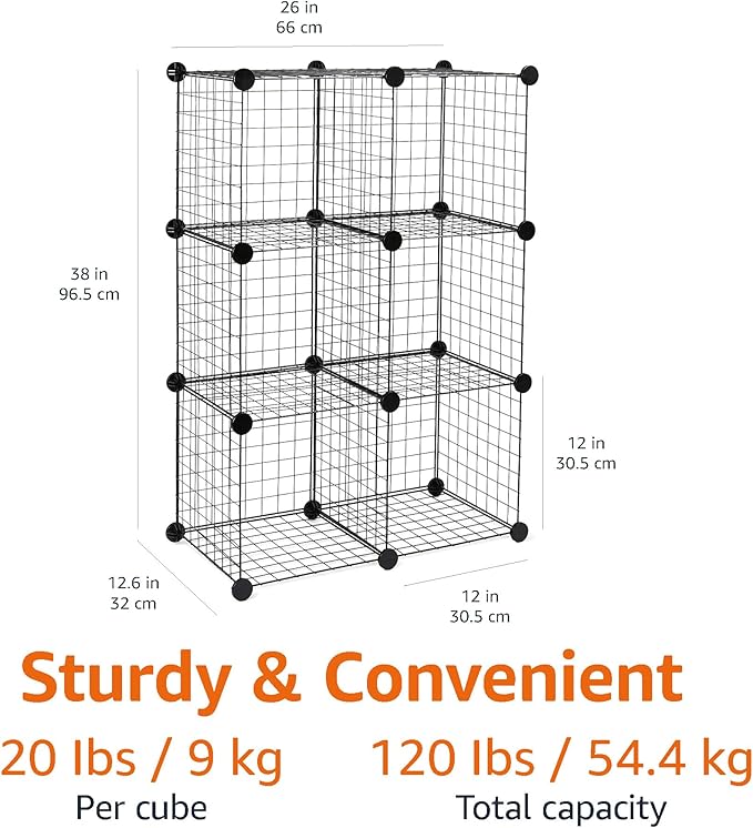 Amazon Basics 6-Cube Wire Grid Stackable Storage Organizer, Metal Shelving Unit, No-Tool Assembly, 26"W x 38"H x 12.6"D, Blac