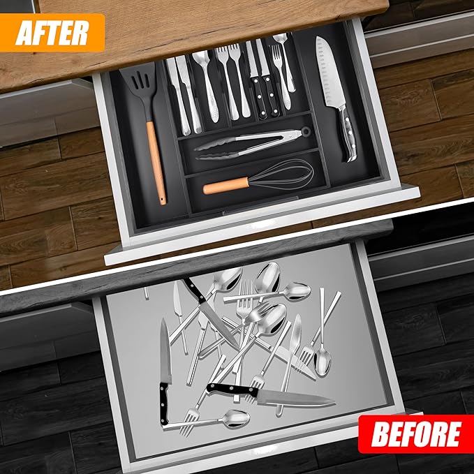 Bellsal Large Premium Bamboo Silverware Organizer - Expandable Utensil Drawer Organizer - 17"x19.6" Utensil Holder and Cutler