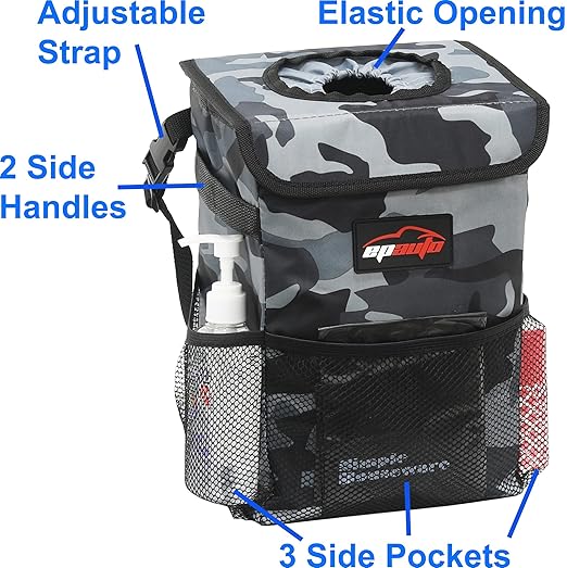 EPAuto Waterproof Car Trash Can with Lid and Storage Pockets, Camouflage Grey