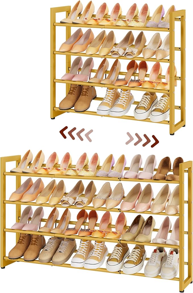 FAVOOSTY 4-Tier Expandable Shoe Rack, Adjustable Shoe Shelf Storage Organizer Space Saving Metal Free Standing Shoe Rack for 