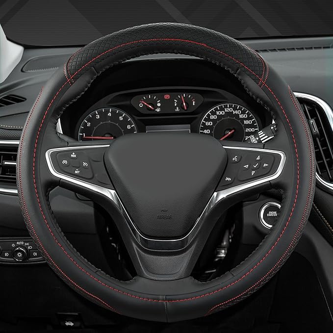 West Llama Customized Auto Car Steering Wheel Cover for Chevy 14.5-15 inches, Steering Wheel Cover for Chevrolet (Black+Red -