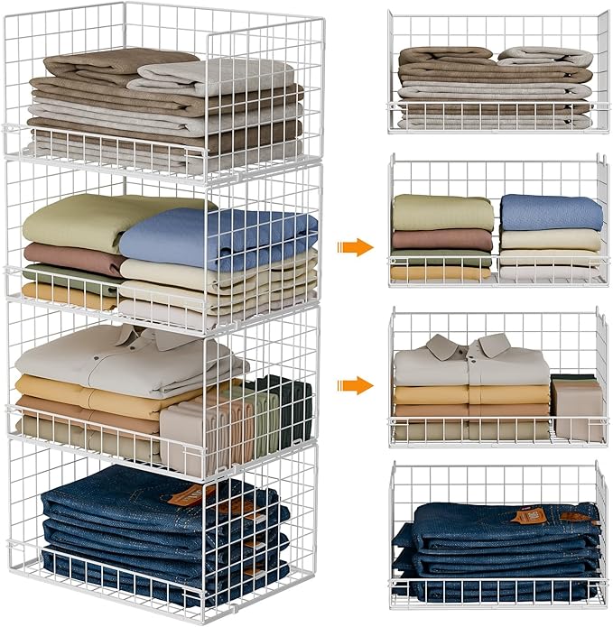 4-Tier Stackable Closet Organizers and Storage Basket, Foldable Closet Shelf Organizer System, Space-Saving Clothes Storage D