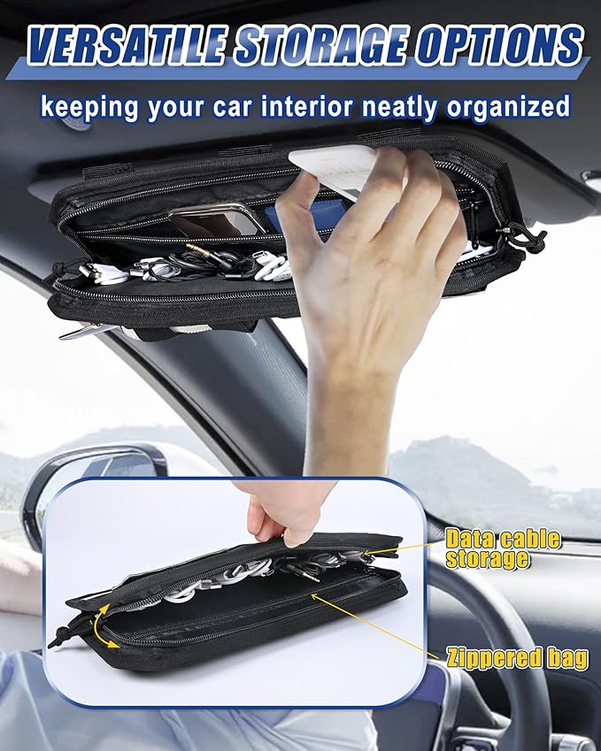 Heavy Duty Molle Car Sun Visor Organizer Tactical Pounch with Flag and Glasses Clip Store Your Daily Items for Most Cars, Trucks, SUVs, Compacts, 12.8"x6.9"x1.2"