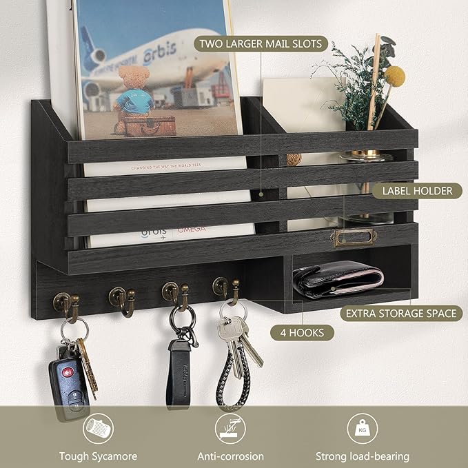 FifthQuarter Key Holder for Wall: Easy Mounted Key Rack and Mail Organizer with Store Shelf and Four Sturdy Keys Hooks Decor 