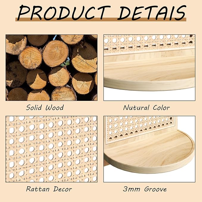 Rattan Wall Shelf Set of 3, 7''Natural Rattan Shelves with Wicker Decor, Boho Decor Small Floating Shelves for Wall, Arched S