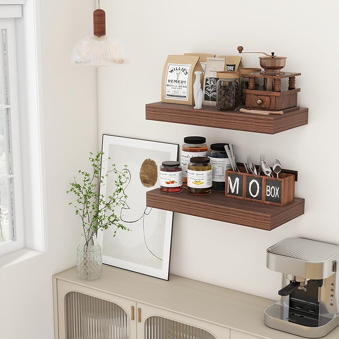 Deep Floating Shelves | 24 Inch Walnut Floating Shelves Set of 2 | 12 Inch Deep Rustic Wood Shelves for Wall | 24" W x 12" D 