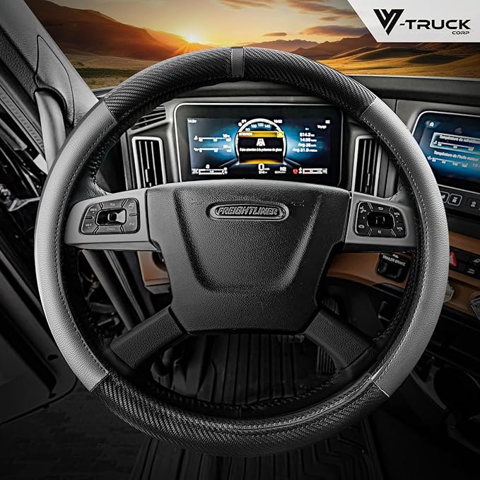 18-Inch Genuine Leather Steering Wheel Cover for Semi Trucks – Grey with Black Carbon Fiber Imitation, Heavy-Duty Non-Slip Grip, Universal Fit, Easy Installation