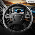 18-Inch Genuine Leather Steering Wheel Cover for Semi Trucks – Grey with Black Carbon Fiber Imitation, Heavy-Duty Non-Slip Grip, Universal Fit, Easy Installation