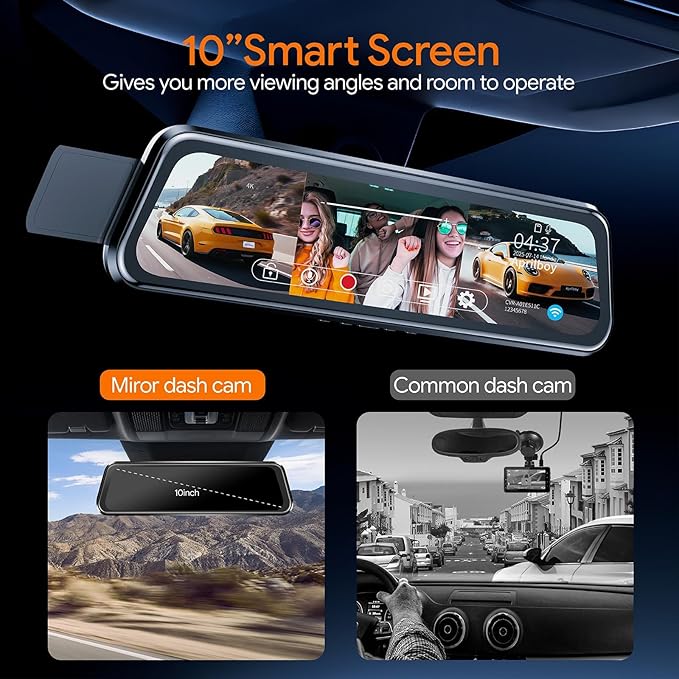 3 Channel Mirror Dash Camera for Cars, Triple Rear View Mirror with Front 4K/3K, Inside and Rear 1080P with WiFi, G-Sensor, N