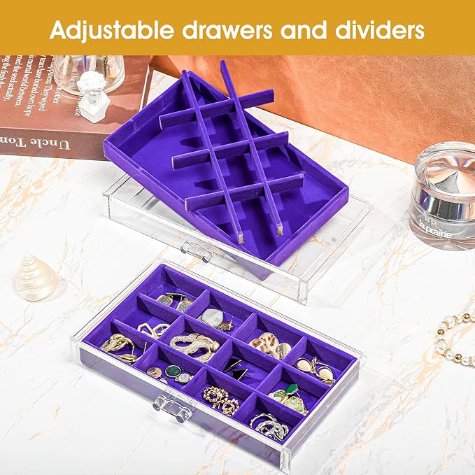ProCase Earring Holder Organizer Jewelry Box with 3 Drawers, Acrylic Clear Earring Case with Adjustable Velvet Trays for Wome