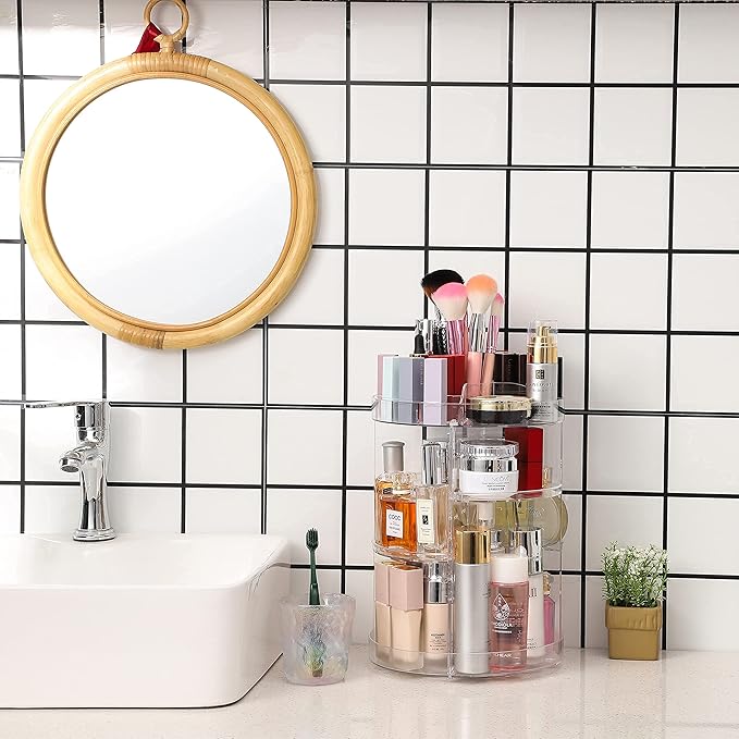 Cq acrylic Rotating Makeup Organizer,Adjustable Spinning Skincare Organizer for Vanity,Countertop,Clear Rotating Perfume Orga