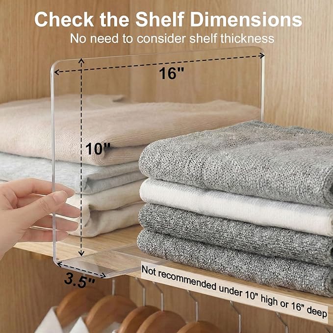 SortNStore Shelf Dividers for Closet Organization: 10" Tall x 16" Deep, Deeper Adhesive Separators Features Acrylic Material 
