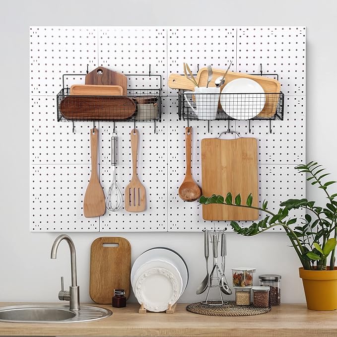 Shimeyao 2 Pcs Pegboard Accessories Set Including 2 Pegboard Baskets Bins with 5 Hooks 4 extra Hooks Black Metal Wire Basket 