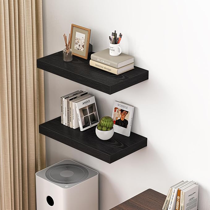 Dreamland 24" Floating Shelves for Wall, 12" Deep Thicker Black Floating Shelves, Wall-Mounted Shelves for Bedroom, Living Ro