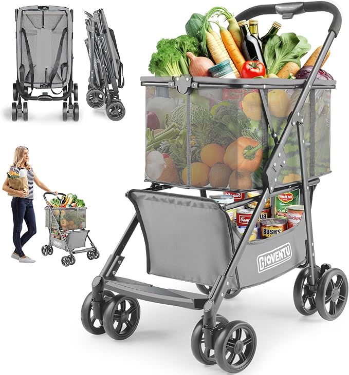 𝟐𝟎𝟐𝟔 𝐔𝐩𝐠𝐫𝐚𝐝𝐞𝐝 Folding Shopping Cart with Wheels, 80lbs Multi Use Grocery Carts with 360° Wheels & Removable Tote Bag, Multifunctional Portable Personal Shopping Carts for Groceries (Gray)
